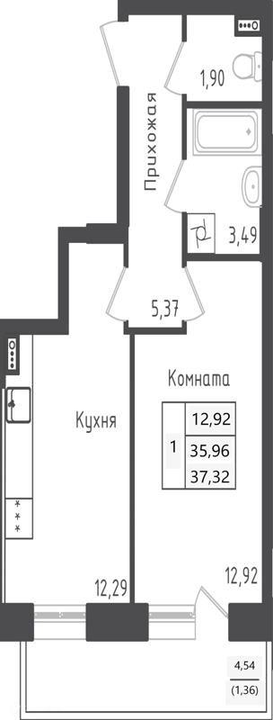 1-комнатная квартира 37.32 м² Зеленый город