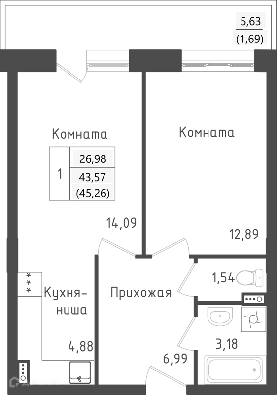 1-комнатная квартира 45.26 м² Зеленый город