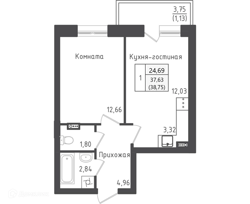 1-комнатная квартира 38.75 м² Зеленый город