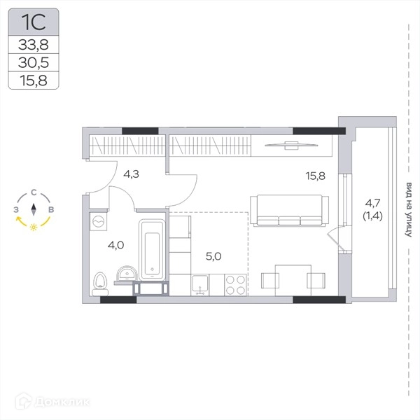Студия 30.3 м² Пироговская ривьера