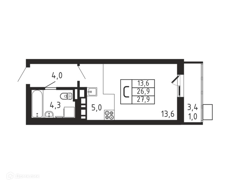 Студия 27.9 м² Пироговская ривьера