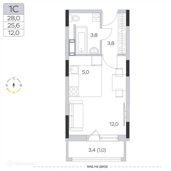Студия 25.6 м² Пироговская ривьера