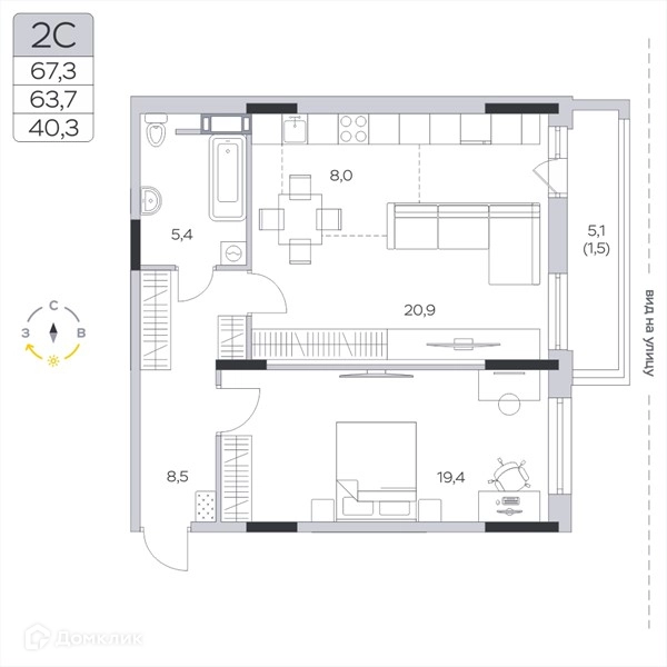 Студия 63.7 м² Пироговская ривьера