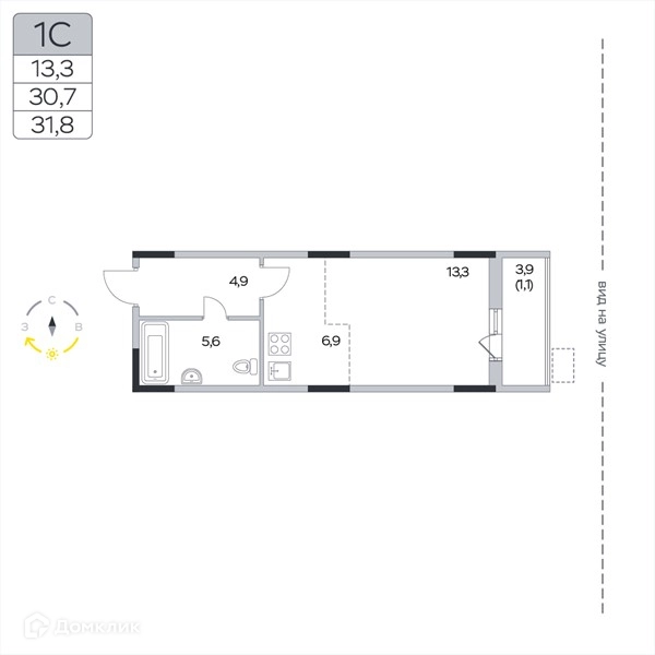 Студия 31.8 м² Пироговская ривьера