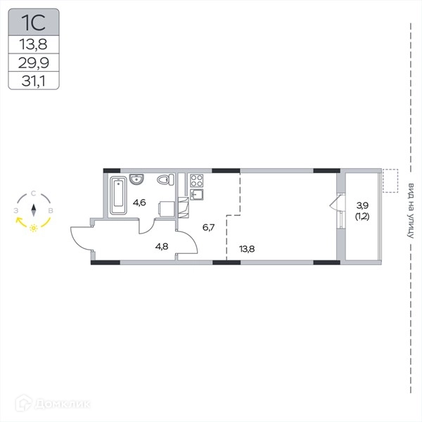 Студия 31.1 м² Пироговская ривьера