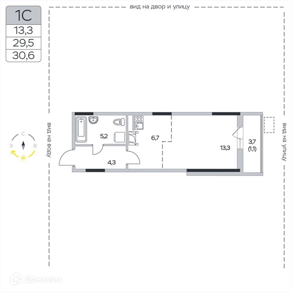 Студия 30.6 м² Пироговская ривьера