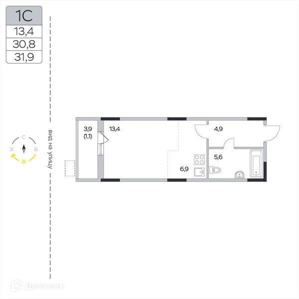 Студия 31.9 м² Пироговская ривьера
