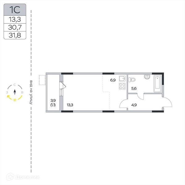 Студия 31.8 м² Пироговская ривьера
