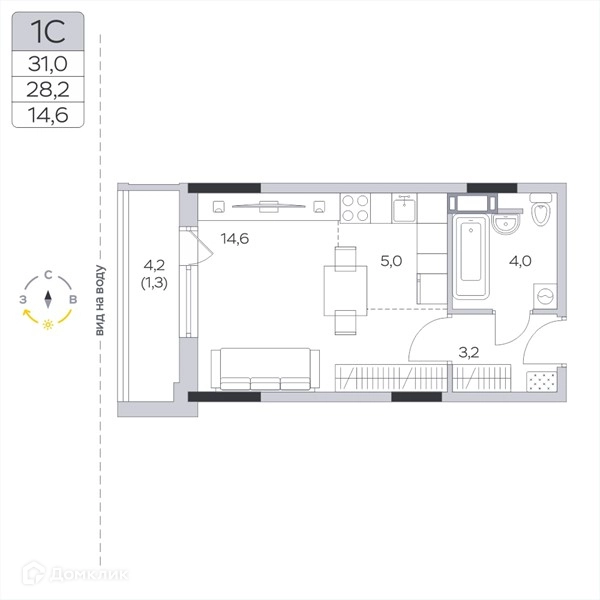 Студия 28.1 м² Пироговская ривьера