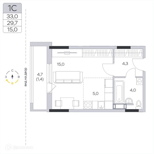 Студия 29.7 м² Пироговская ривьера