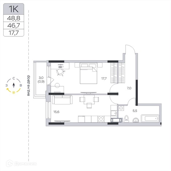 1-комнатная квартира 46.7 м² Пироговская ривьера