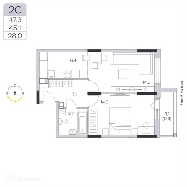 1-комнатная квартира 45.6 м² Пироговская ривьера