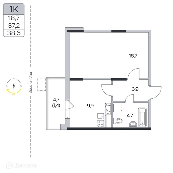 1-комнатная квартира 38.6 м² Пироговская ривьера