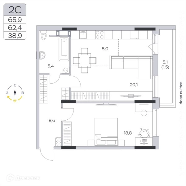1-комнатная квартира 62.4 м² Пироговская ривьера