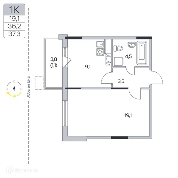 1-комнатная квартира 37.3 м² Пироговская ривьера