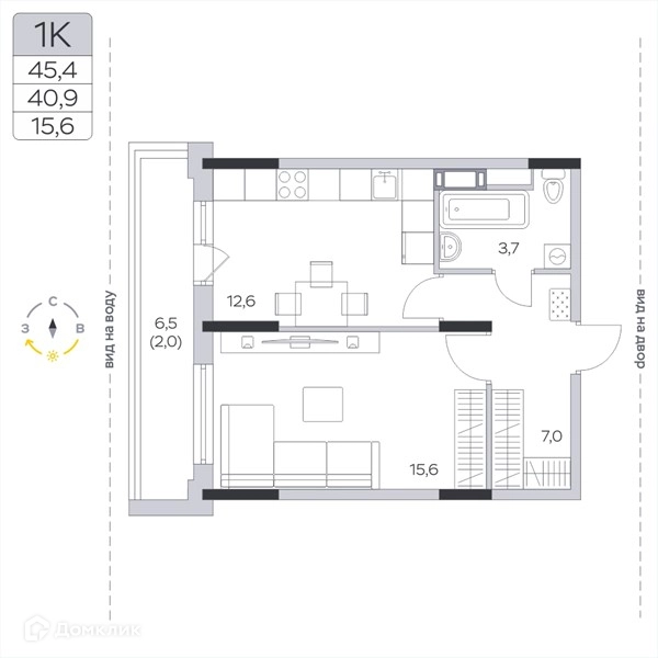 1-комнатная квартира 40.9 м² Пироговская ривьера