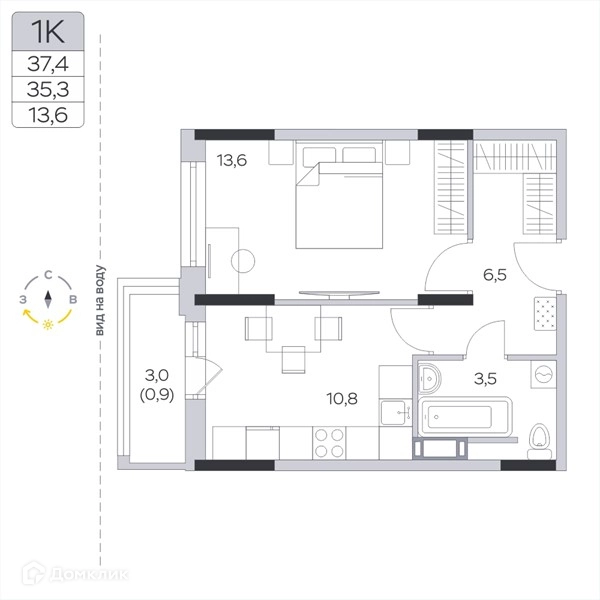 1-комнатная квартира 35.3 м² Пироговская ривьера