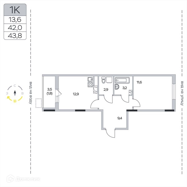 1-комнатная квартира 43.8 м² Пироговская ривьера