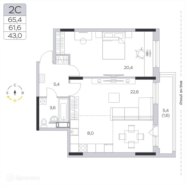 1-комнатная квартира 61.6 м² Пироговская ривьера