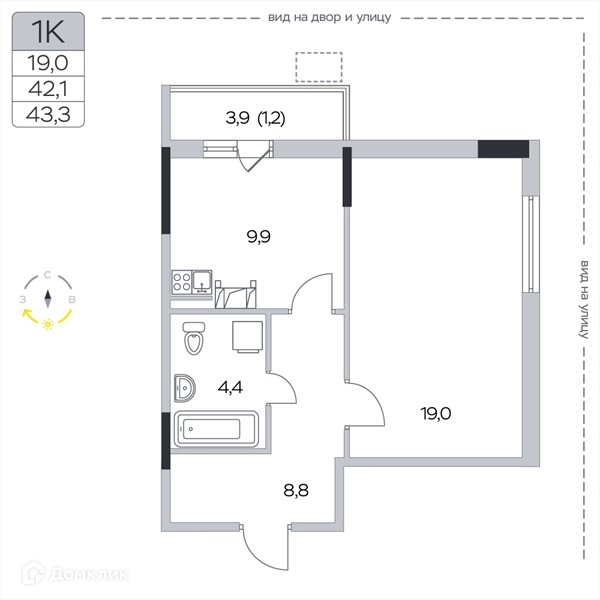1-комнатная квартира 43.3 м² Пироговская ривьера