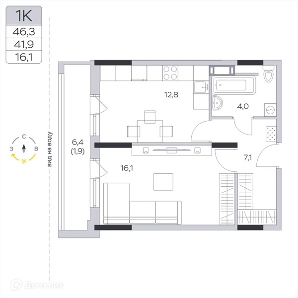 1-комнатная квартира 42 м² Пироговская ривьера