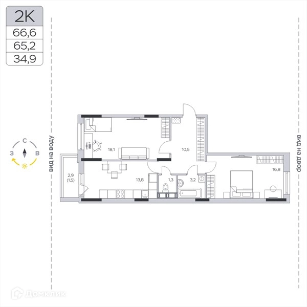 2-комнатная квартира 65.4 м² Пироговская ривьера