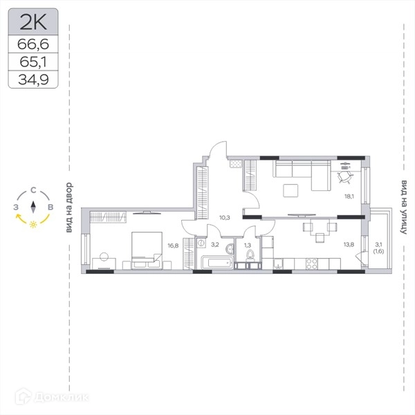 2-комнатная квартира 65.1 м² Пироговская ривьера