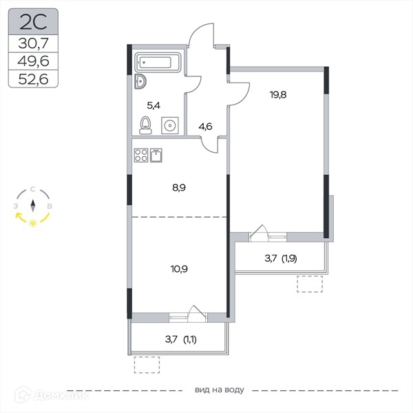 2-комнатная квартира 52.6 м² Пироговская ривьера