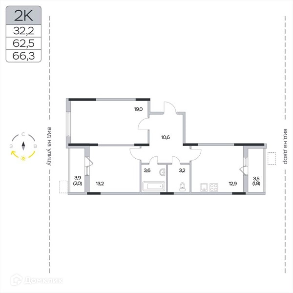 2-комнатная квартира 66.3 м² Пироговская ривьера