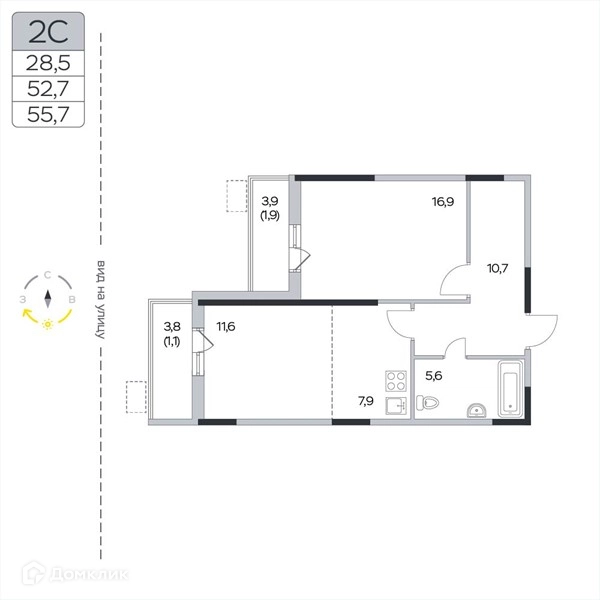 2-комнатная квартира 55.7 м² Пироговская ривьера