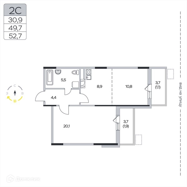 2-комнатная квартира 52.7 м² Пироговская ривьера