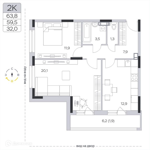 2-комнатная квартира 59.3 м² Пироговская ривьера