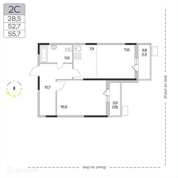 2-комнатная квартира 55.7 м² Пироговская ривьера