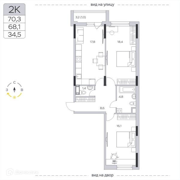 2-комнатная квартира 68.3 м² Пироговская ривьера