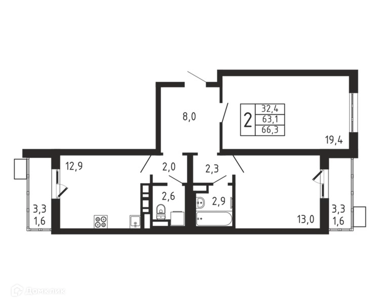 2-комнатная квартира 66.3 м² Пироговская ривьера