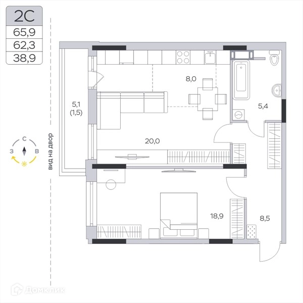 2-комнатная квартира 62.3 м² Пироговская ривьера