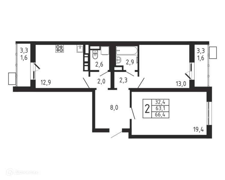 2-комнатная квартира 66.4 м² Пироговская ривьера