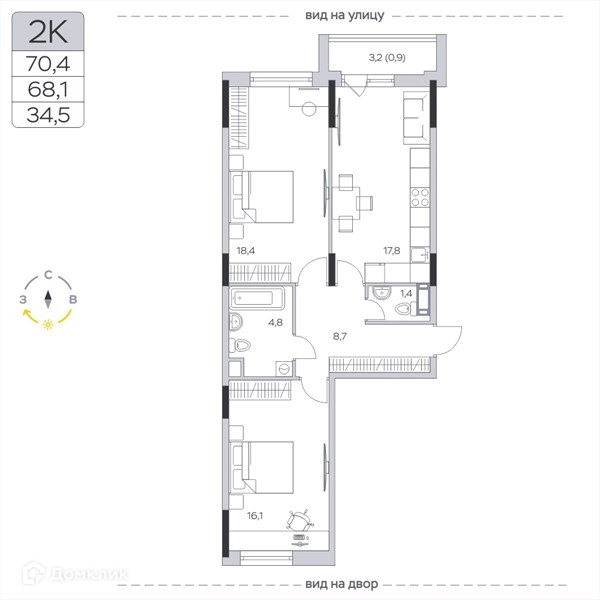 2-комнатная квартира 68.2 м² Пироговская ривьера