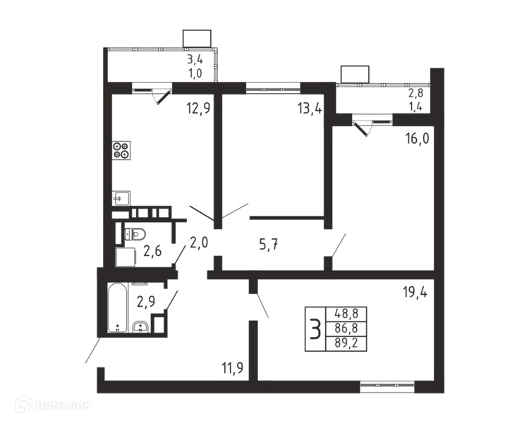 3-комнатная квартира 89.2 м² Пироговская ривьера
