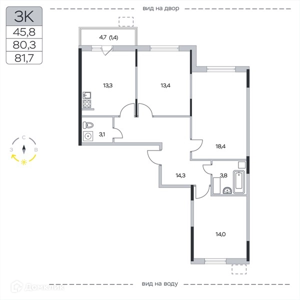 3-комнатная квартира 81.7 м² Пироговская ривьера