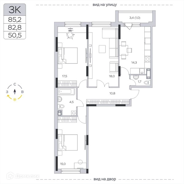 3-комнатная квартира 82.8 м² Пироговская ривьера