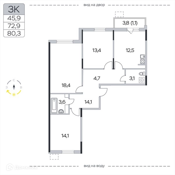 3-комнатная квартира 80.3 м² Пироговская ривьера