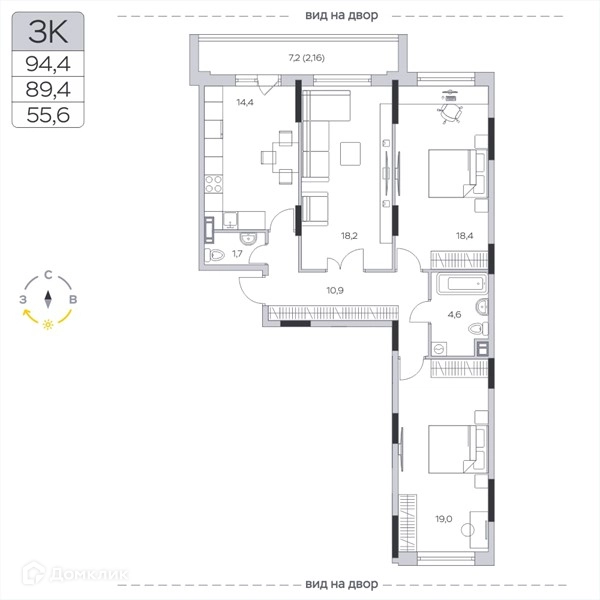 3-комнатная квартира 89.9 м² Пироговская ривьера
