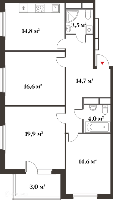 3-комнатная квартира 88 м² Миниполис 8 Клёнов