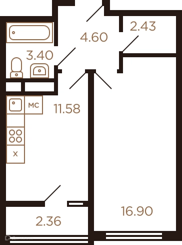 1-комнатная квартира 39 м² Миниполис Рафинад