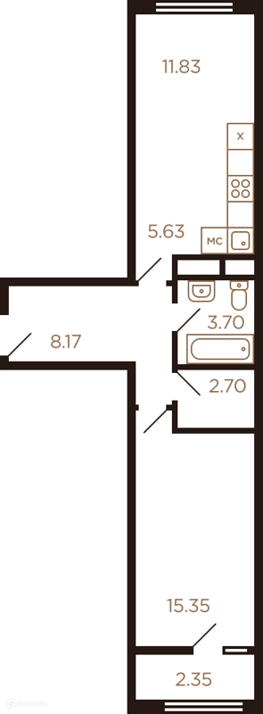 2-комнатная квартира 47 м² Миниполис Рафинад