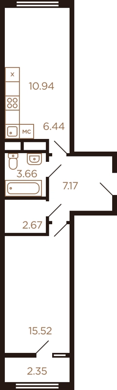 2-комнатная квартира 46 м² Миниполис Рафинад