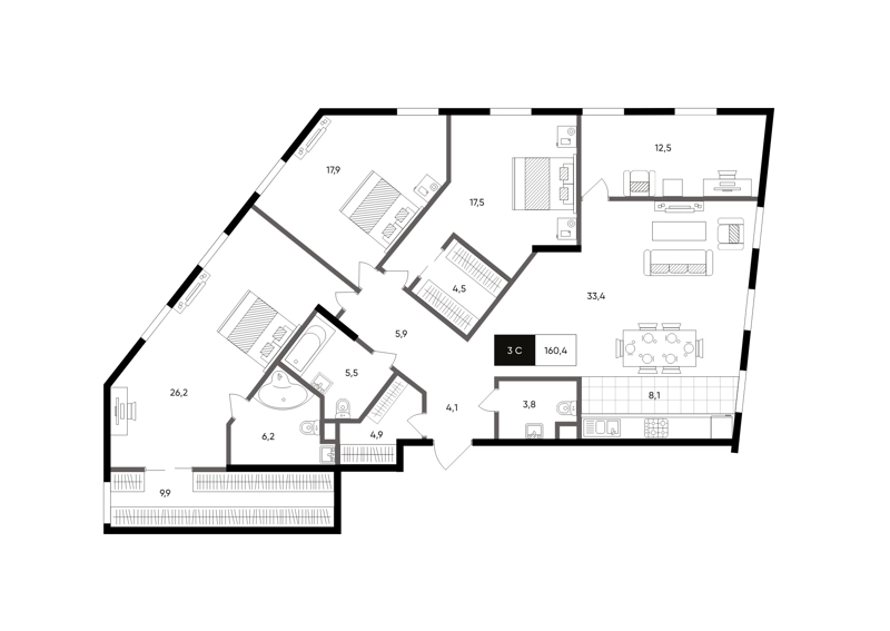3-комнатная квартира 160 м² Titul на Серебрянической