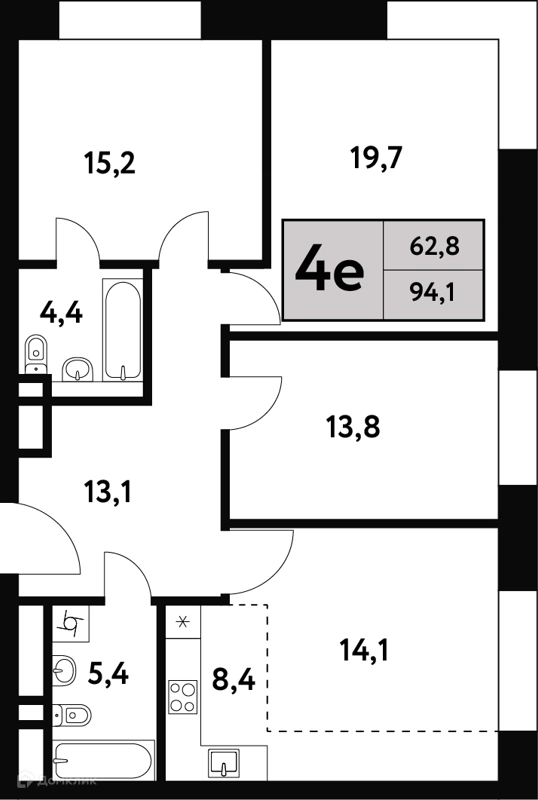 4-комнатная квартира 94 м² Фестиваль Парк 2