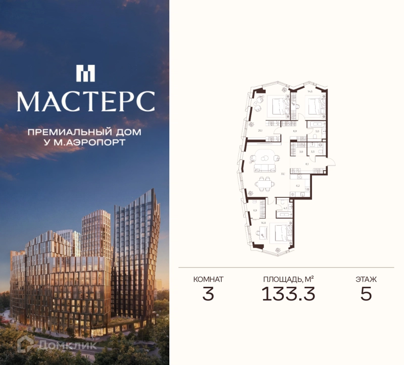3-комнатная квартира 133.3 м² Премиальный дом МАСТЕРС